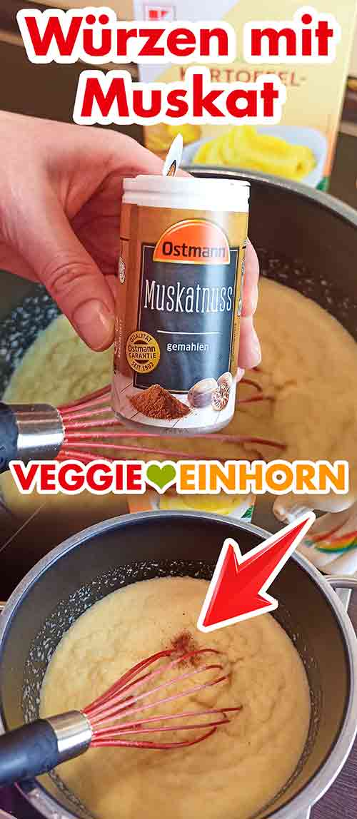 Würzen mit gemahlenem Muskat Eine Dose gemahlene Muskatnuss und Muskat im veganen Kartoffelpüree
