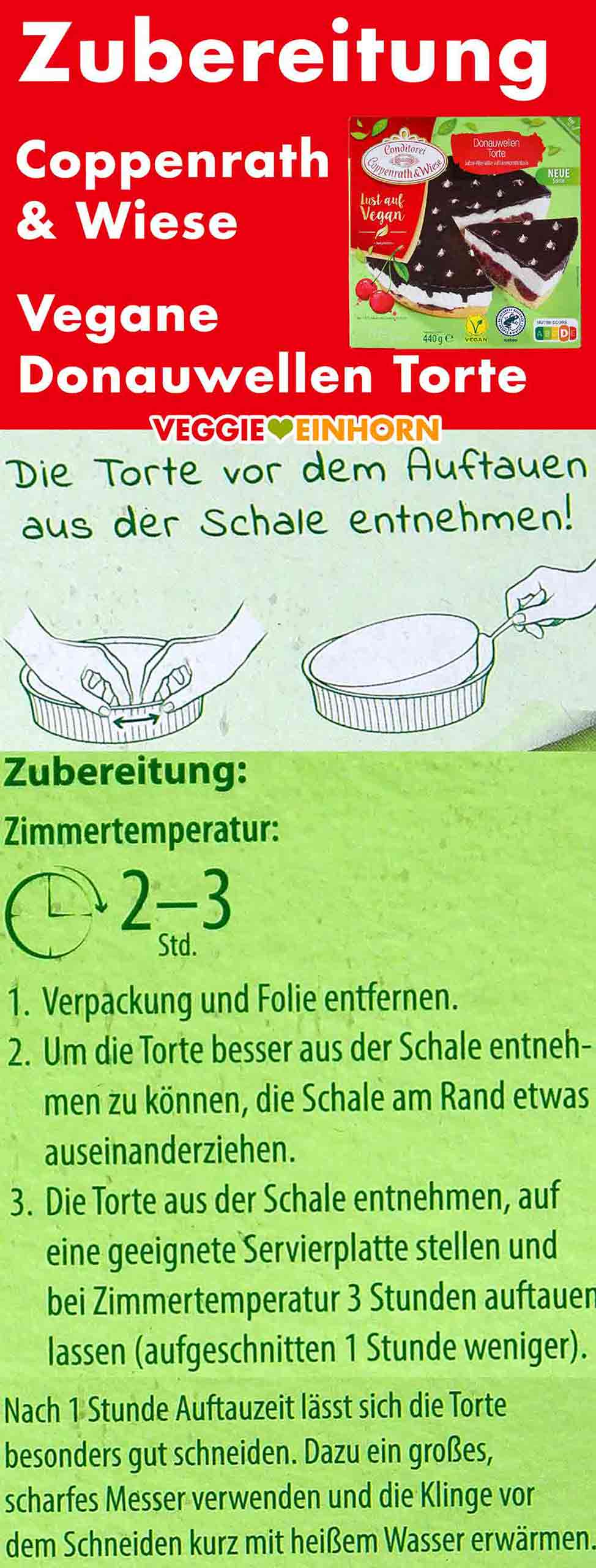 Die tiefgekühlte vegane Donauwellen Torte aus der Conditorei Coppenrath & Wiese wird 2 bis 3 Stunden bei Zimmertemperatur aufgetaut. Zubereitungsanleitung der veganen Donauwellen Torte von Coppenrath und Wiese