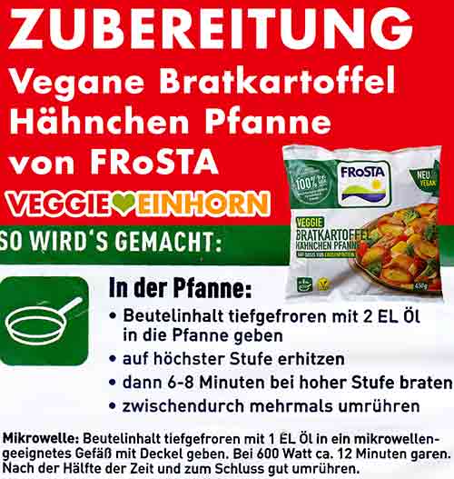 Die vegane Bratkartoffel Hähnchen Pfanne von Frosta kann in der Pfanne oder in der Mikrowelle zubereitet werden. Zubereitungsanleitung der Frosta Veggie Bratkartoffel Hähnchen Pfanne