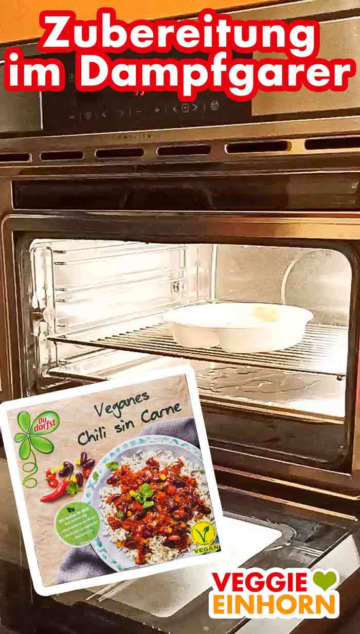 Das vegane Chili sin Carne von Du Darfst wird dampfgegart. Erhitzen des veganen Fertiggerichtes im Dampfgarer