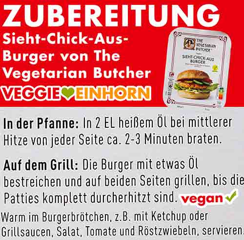 So werden die veganen Sieht-Chick-Aus Burger zubereitet. Zubereitungsanleitung der veganen Chicken Burger von The Vegetarian Butcher