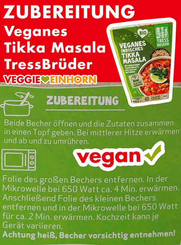 So wird das vegane Fertiggericht Tikka Masala zubereitet. Zubereitung des veganen indischen Tikka Masala von TressBrüder