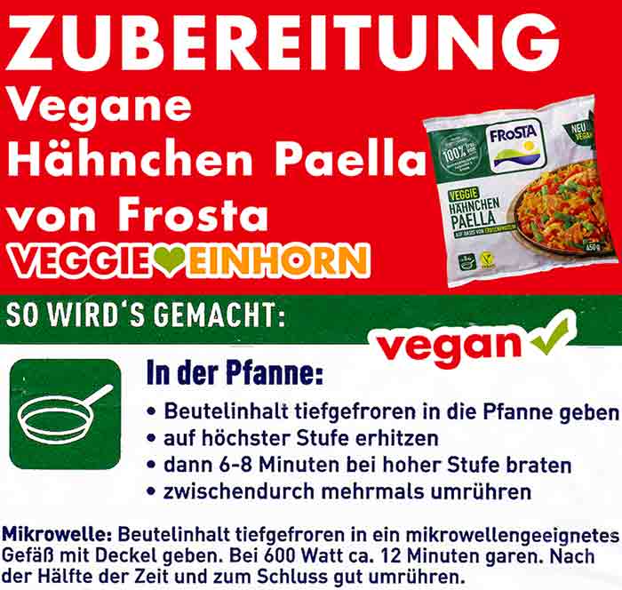 Die Veggie Hähnchen Paella von Frosta kann in der Pfanne oder in der Mikrowelle zubereitet werden. Zubereitungsanleitung der veganen Hähnchen Paella von Frosta