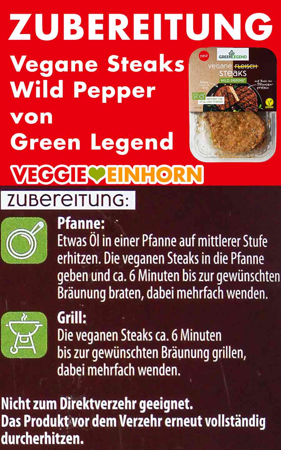 Die veganen Fleisch Steaks von Green Legend können in der Pfanne gebraten oder auf dem Grill gegrillt werden. Zubereitung der veganen Steaks von Green Legend