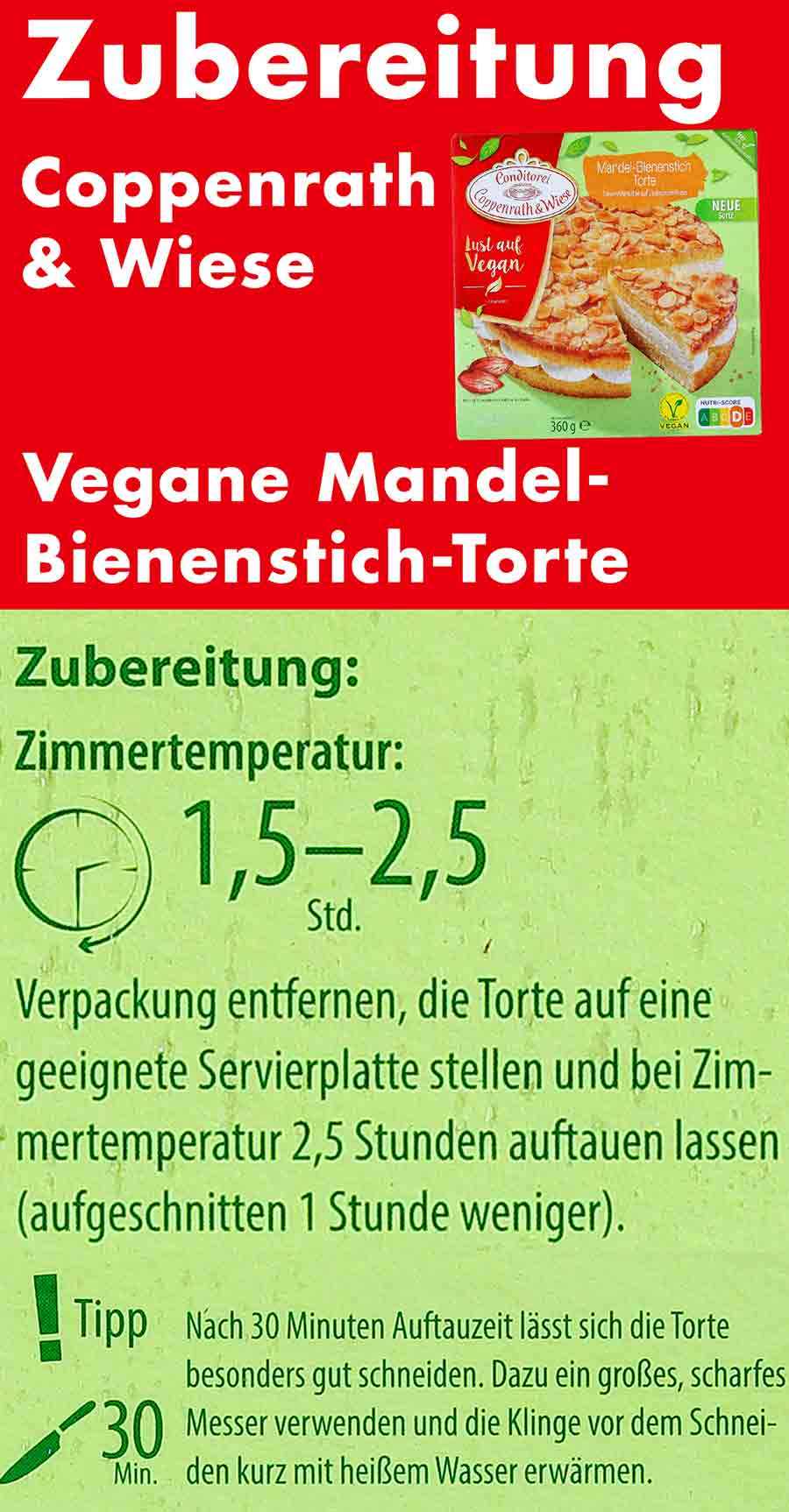 Der tiefgekühlte vegane Bienenstich von Coppenrath und Wiese wird einfach bei Zimmertemperatur aufgetaut. Zubereitungsanleitung der veganen Mandel-Bienenstich Torte von Coppenrath und Wiese