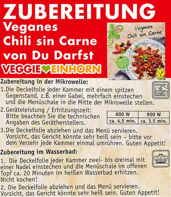 Zubereitung in der Mikrowelle oder im Wasserbad. Zubereitungsanleitung des veganen Chili sin Carne von Du Darfst