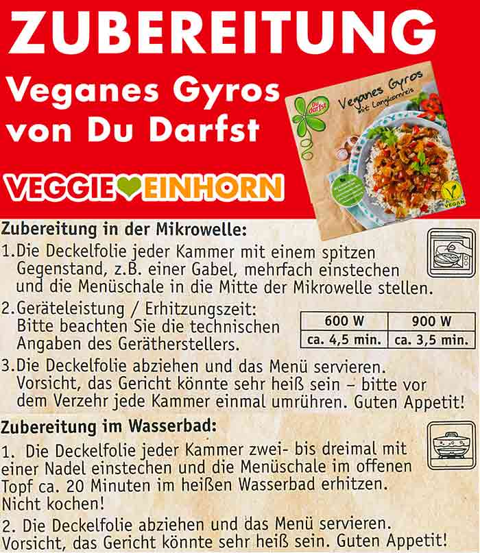 Das Du Darfst Fertiggericht kann in der Mikrowelle oder im Wasserbad zubereitet werden. Zubereitungsanleitung des veganen Gyros von Du Darfst