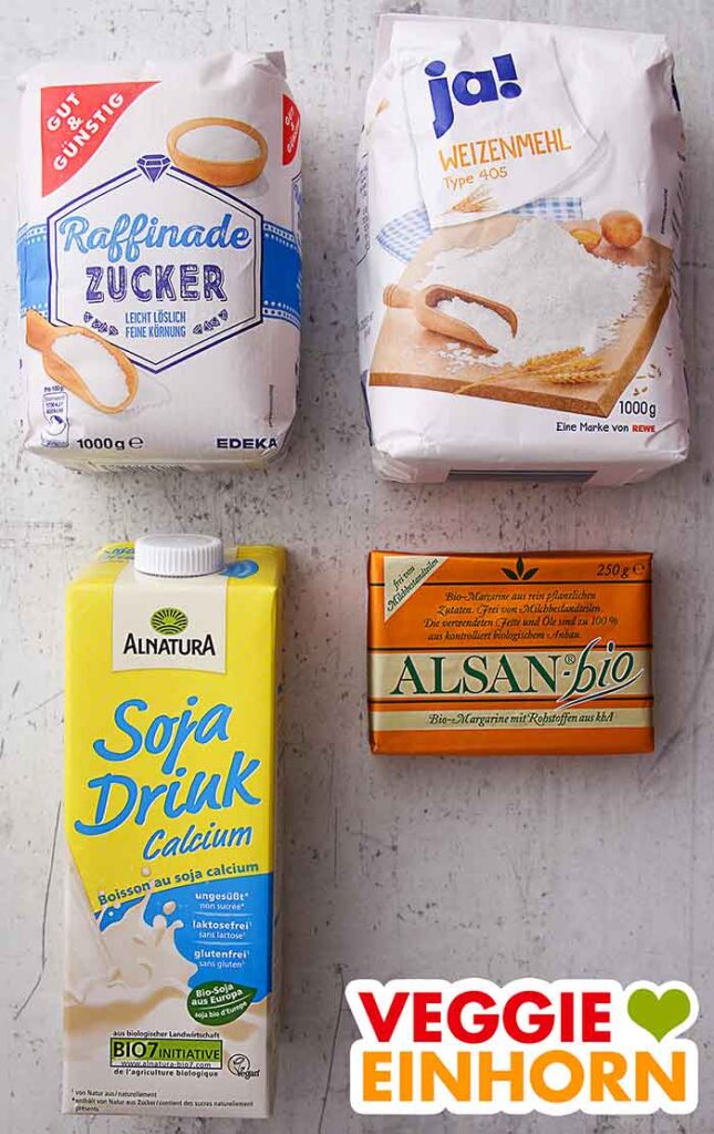 Edeka Gut und Günstig Zucker, Rewe ja! Weizenmehl Type 405, Alnatura Sojadrink, Alsan-Bio Margarine Zucker, Mehl, Sojamilch, vegane Butter