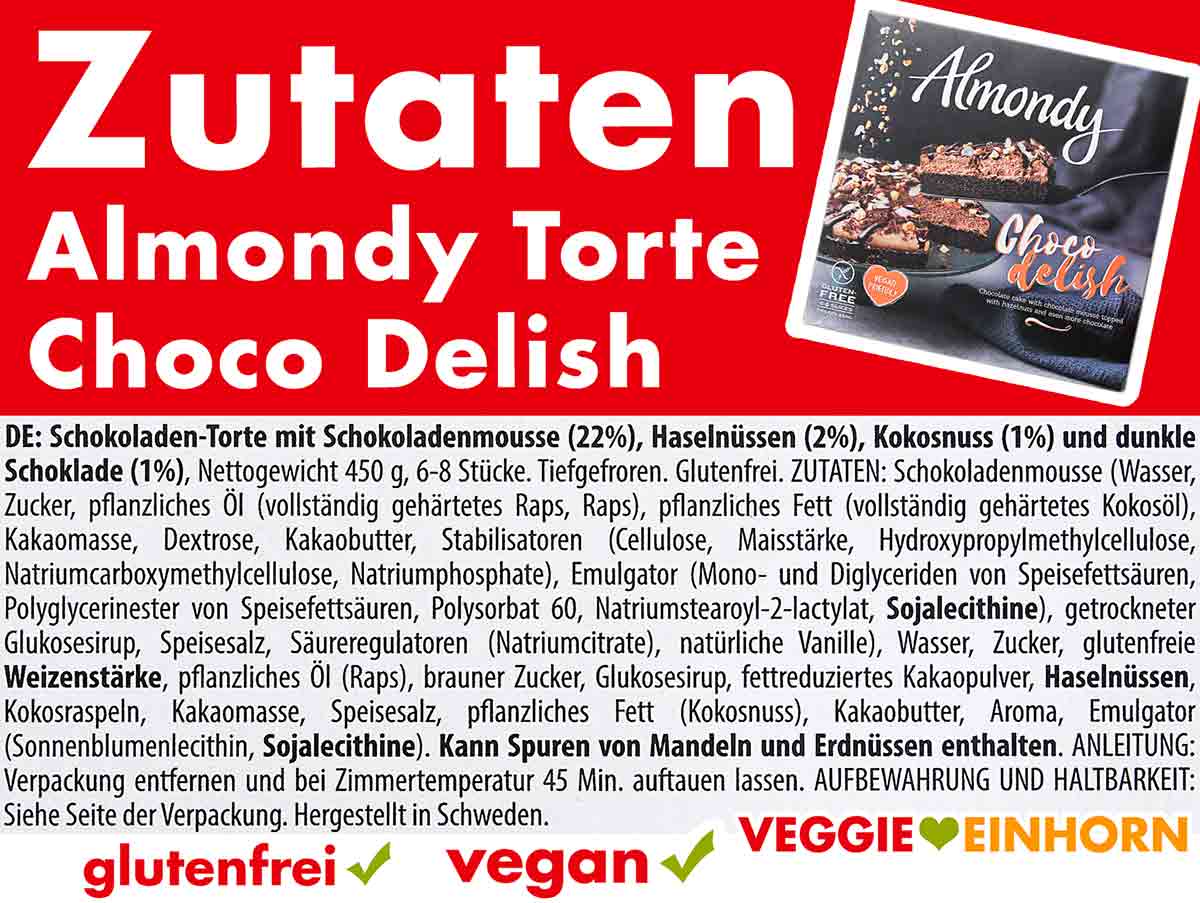 Inhaltsstoffe der veganen Torte von Almondy Zutaten der Almondy Choco Delish Torte