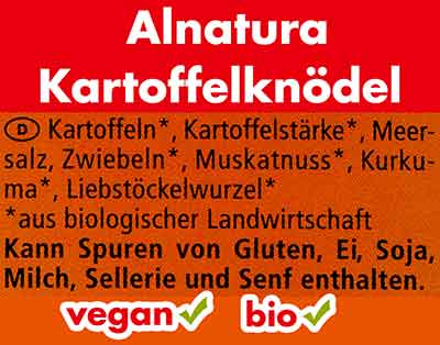 Zutaten der veganen Bio Kartoffelknödel von Alnatura Zutaten Alnatura Kartoffelknödel