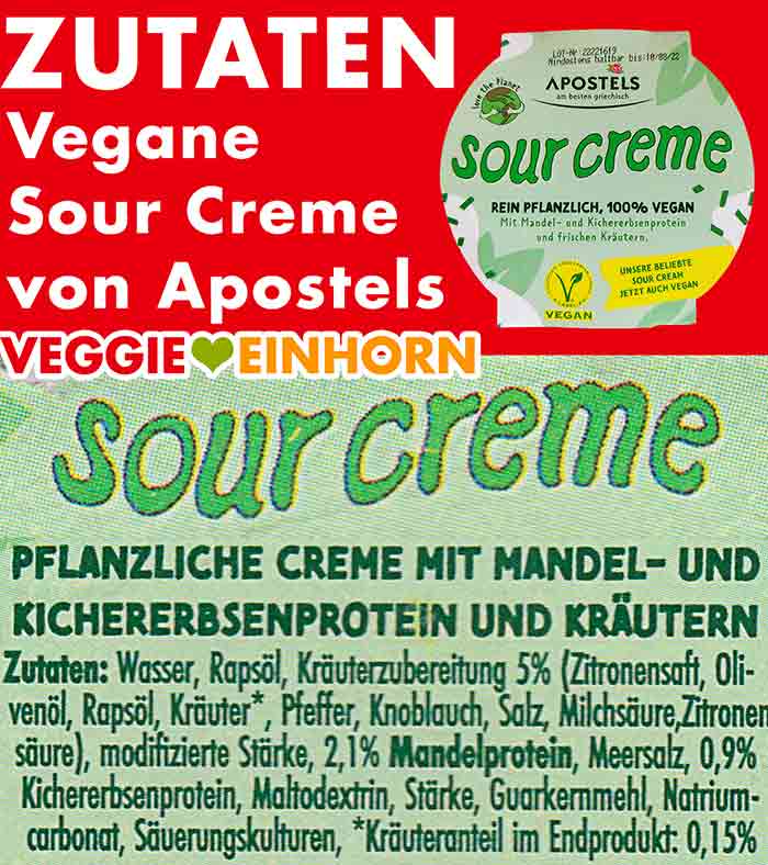 Die vegane Sour Creme von Apostels ist eine pflanzliche Creme mit Mandel- und Kichererbsenprotein und Kräutern Zutaten der veganen Sour Creme von Apostels