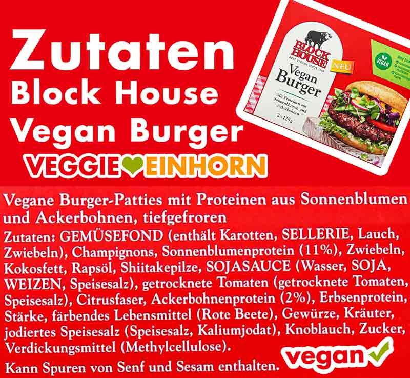 Inhaltsstoffe der veganen Burger Patties von Block House Zutaten der veganen Burger von Block House