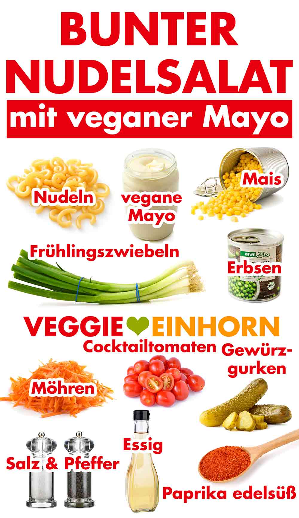 Zutaten für den besten Nudelsalat Zutaten für bunten Nudelsalat mit Mayonnaise