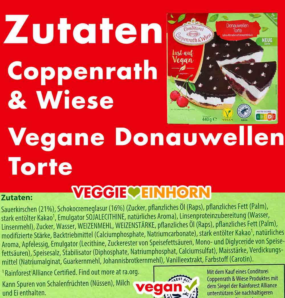 Zutaten der veganen Donauwellen Torte von Coppenrath und Wiese Zutaten der veganen Donauwellen Torte aus der Conditorei Coppenrath und Wiese
