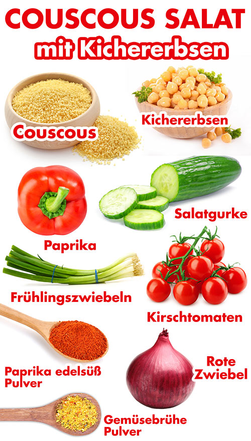 Couscous, Kichererbsen, Paprika, Salatgurke, Frühlingszwiebeln, Kirschtomaten, Paprika edelsüß Pulver, rote Zwiebel, Gemüsebrühe Pulver Zutaten für Couscous Salat mit Kichererbsen