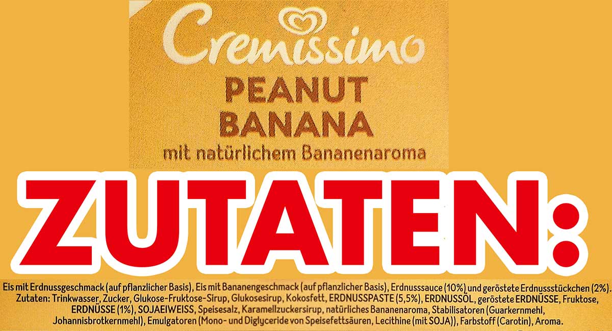 Das Cremissimo Peanut Banana Eis besteht aus veganen Inhaltsstoffen. Vegane Zutatenliste des Cremissimo Peanut Banana
