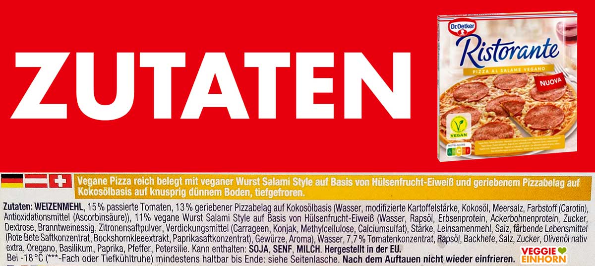 Zutatenliste Ristorante Pizza al Salame Vegano Zutaten der veganen Ristorante Salami Pizza von Dr. Oetker