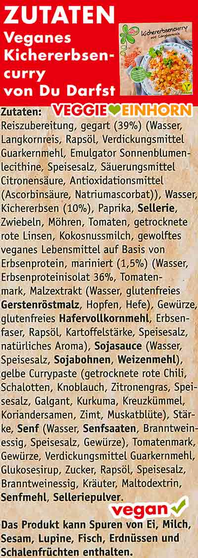 Zutatenliste des veganen Fertiggerichtes Zutaten des veganen Kichererbsencurrys von Du Darfst
