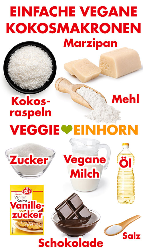 Kokosraspeln, Marzipan, Mehl, Zucker, vegane Milch, neutrales Öl, Vanillezucker, vegane Schokolade, Salz Zutaten für vegane Kokosmakronen mit Marzipan und ohne Oblaten
