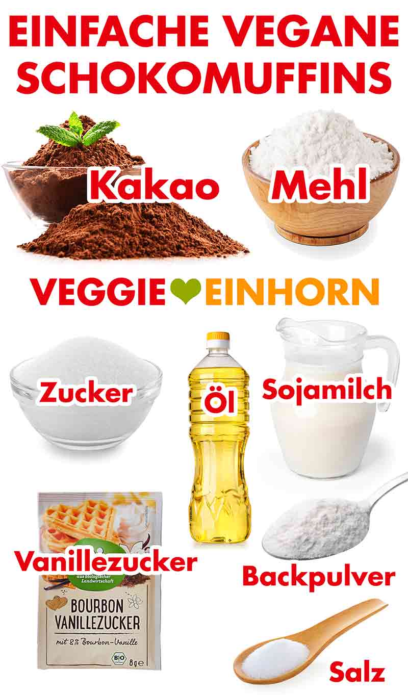 Zutaten für die einfachen veganen Schoko Muffins Zutaten für einfache vegane Schokomuffins