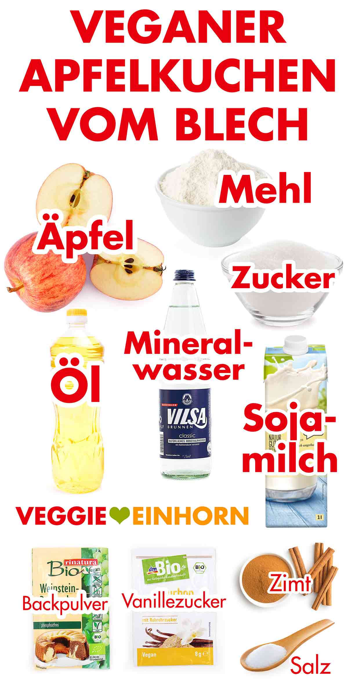 Äpfel, Mehl, Zucker, neutrales Öl, Mineralwasser, Sojamilch, Backpulver, Vanillezucker, Zimt, Salz Zutaten für den einfachsten veganen Apfelkuchen vom Blech