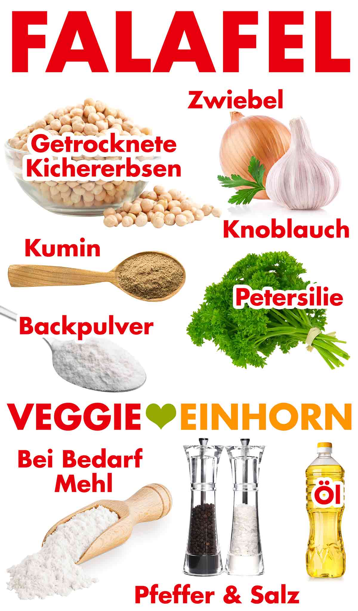 Getrocknete Kichererbsen, Zwiebel, Knoblauch, Kumin (Kreuzkümmel), Petersilie, Backpulver, bei Bedarf Mehl, Pfeffer, Salz, Öl zum Frittieren. Zutaten zum Falafel selber machen