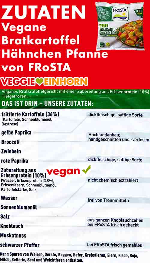 Zutatenliste der veganen Bratkartoffel Hähnchen Pfanne von Frosta Zutaten der Veggie Bratkartoffel Hähnchen Pfanne von Frosta