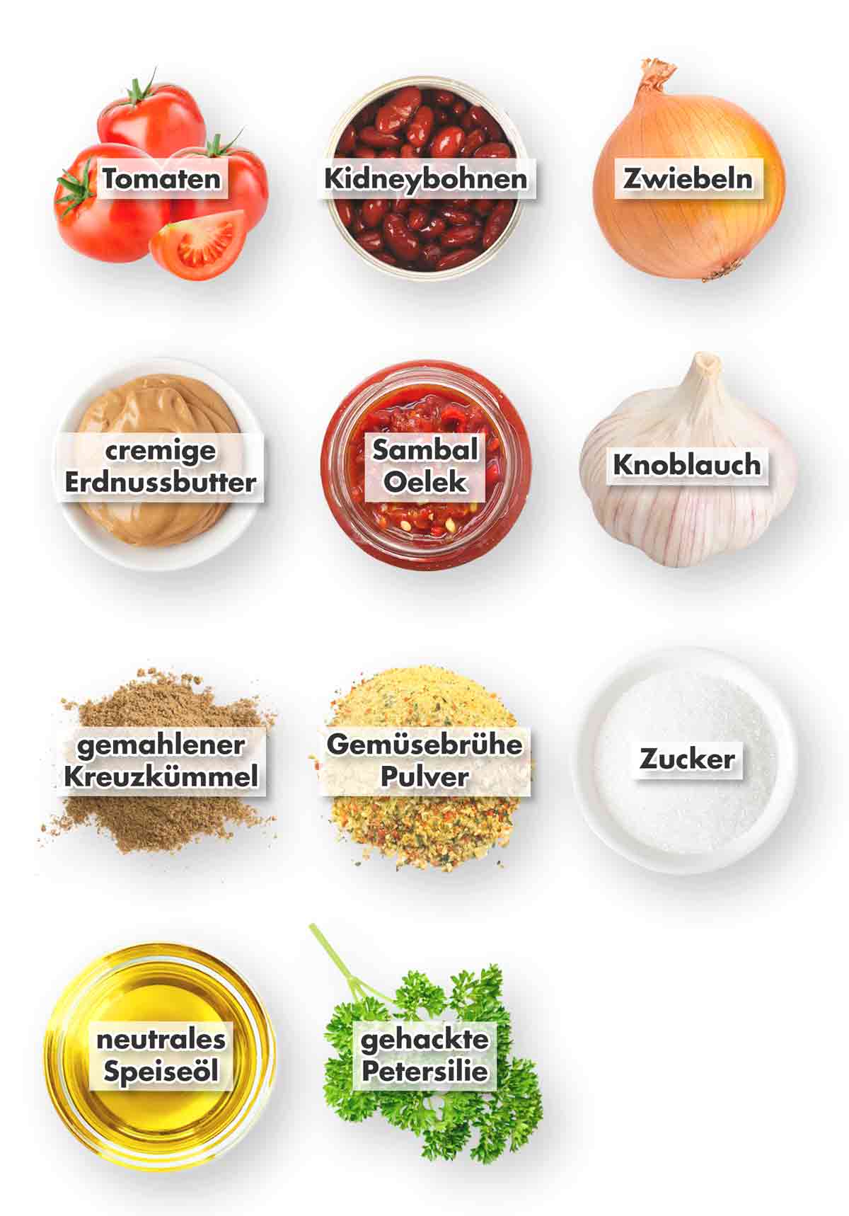 Tomaten, Kidneybohnen, Zwiebeln, cremige Erdnussbutter, Sambal Oelek, Knoblauch, gemahlener Kreuzkümmel, Gemüsebrühe Pulver, Zucker, Öl, Petersilie Zutaten für veganes afrikanisches Stew