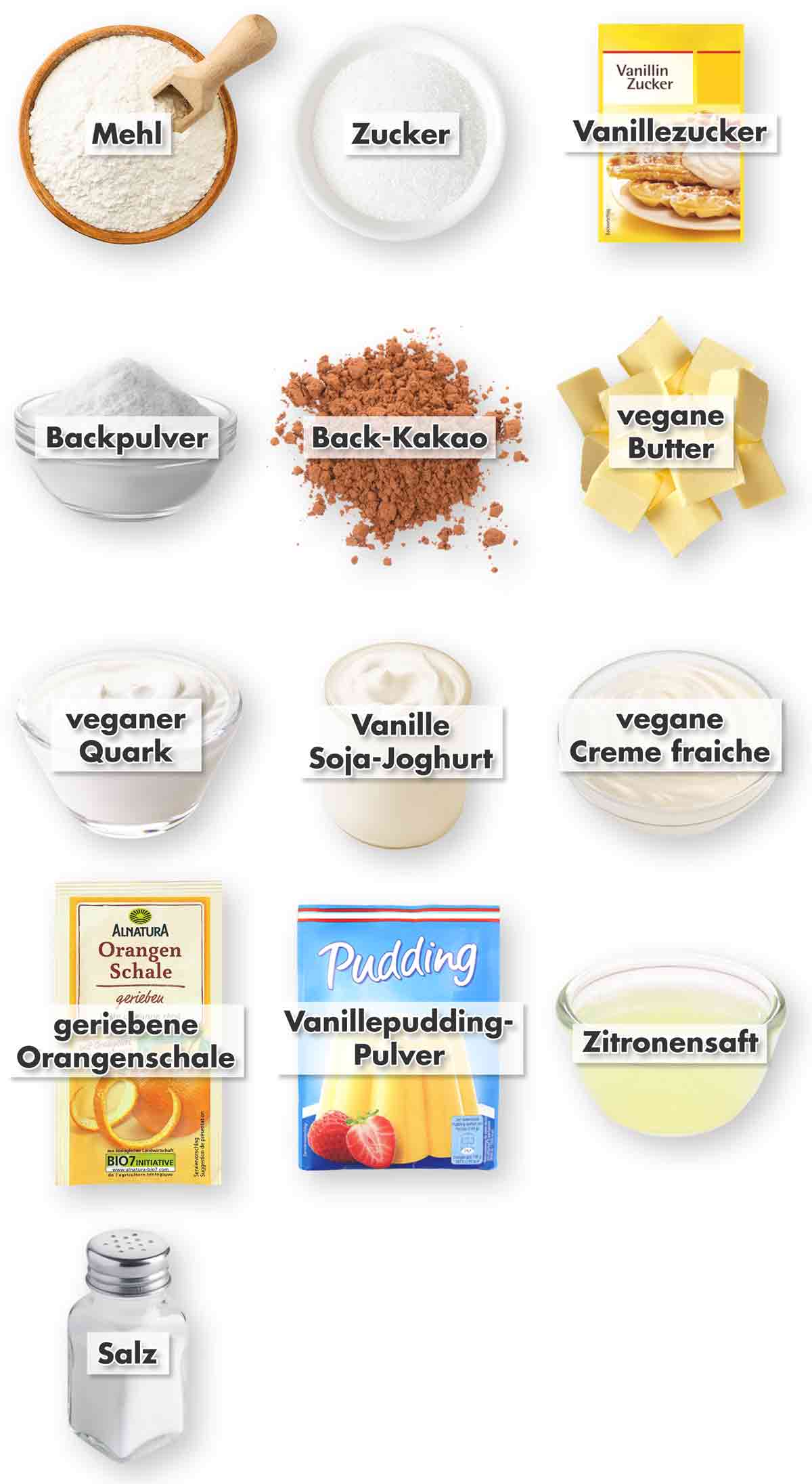 Zutaten für einen cremigen veganen russischen Zupfkuchen, darunter Mehl, Zucker, Vanillezucker, Backpulver, Back-Kakao, vegane Butter, veganer Quark, Vanille-Soja-Joghurt, vegane Crème fraîche, geriebene Orangenschale, Vanillepudding-Pulver, Zitronensaft und Salz, jeweils mit Beschriftung.