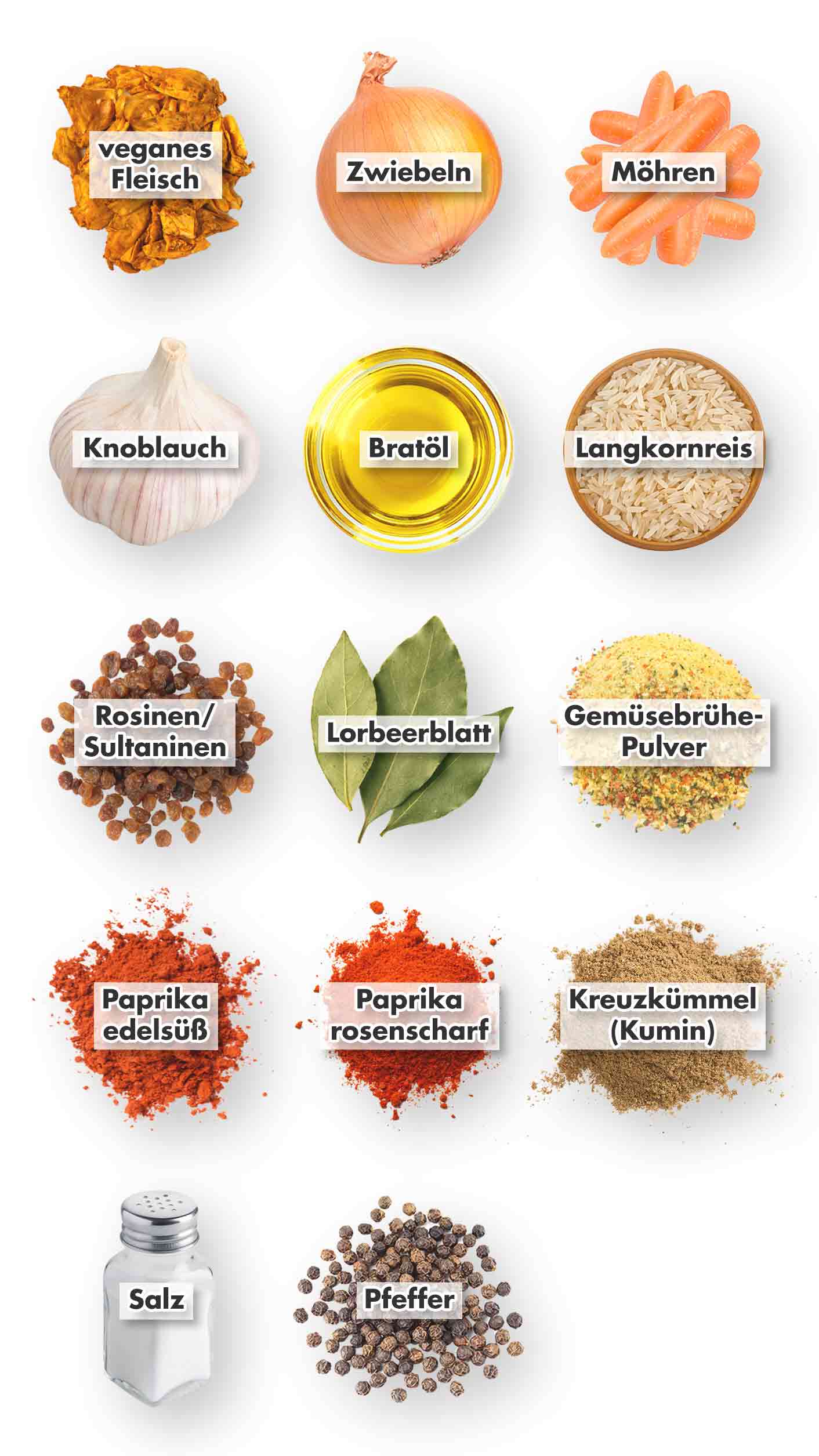 Zutaten für ein veganes Plov-Gericht, bestehend aus veganem Fleisch, Zwiebeln, Möhren, Knoblauch, Bratöl, Langkornreis, Rosinen/Sultaninen, Lorbeerblatt, Gemüsebrühe-Pulver, edelsüßem und rosenscharfem Paprikapulver, Kreuzkümmel, Salz und Pfeffer.