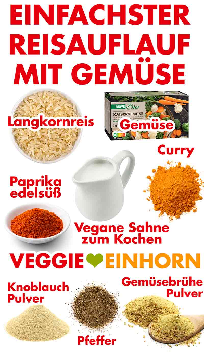 Langkornreis, TK-Gemüse Mischung, Paprika edelsüß, vegane Kochsahne, Currypulver, Knoblauchpulver, Pfeffer, Gemüsebrühe Pulver Zutaten für einfachen veganen Reisauflauf mit Gemüse