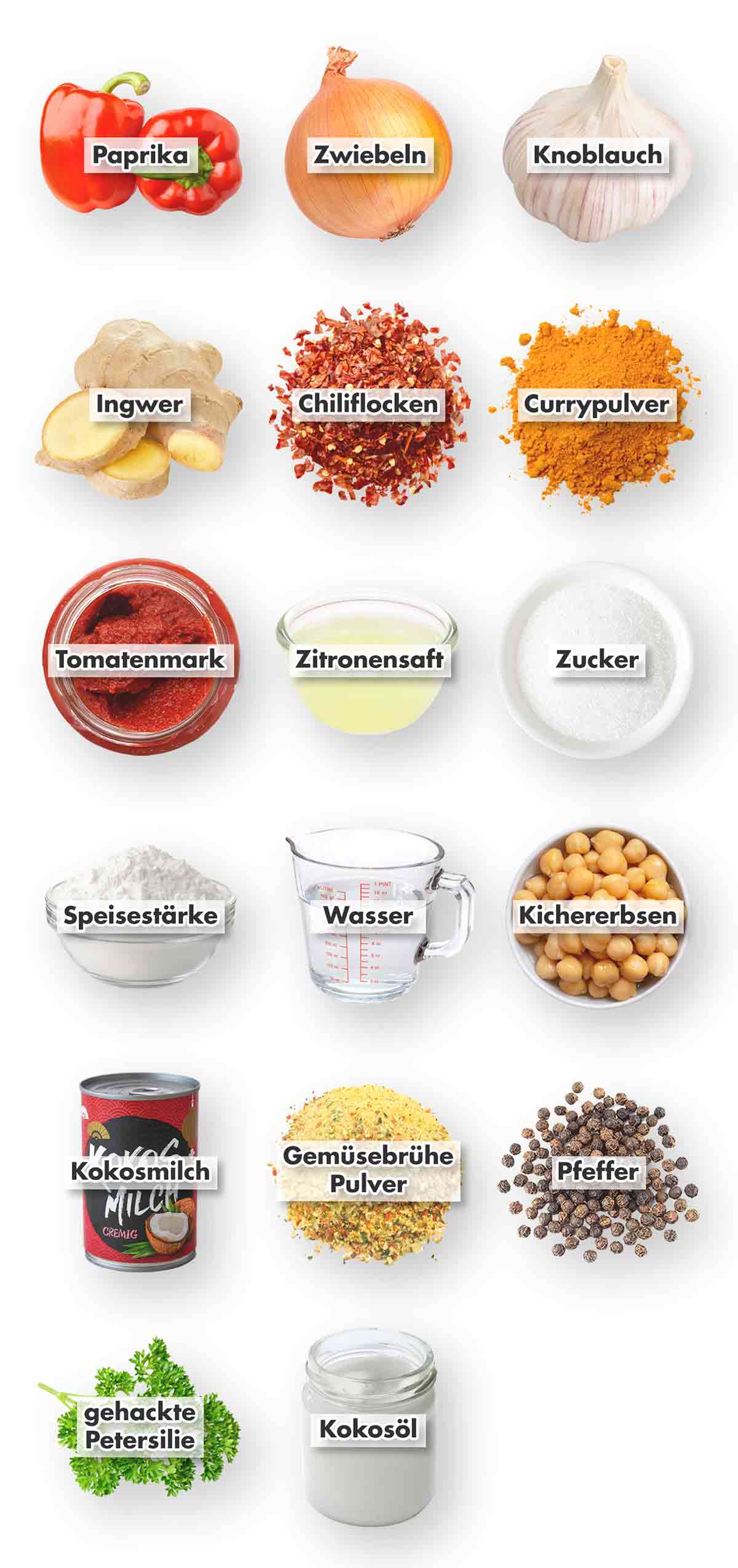 Paprika, Zwiebel, Knoblauch, Ingwer, Chiliflocken, Currypulver, Tomatenmark, Zitronensaft, Zucker, Speisestärke, Wasser, Kichererbsen, Kokosmilch, Gemüsebrühe Pulver, Pfeffer, Petersilie, Kokosöl Zutaten für schnelles Kichererbsencurry mit Paprikasoße