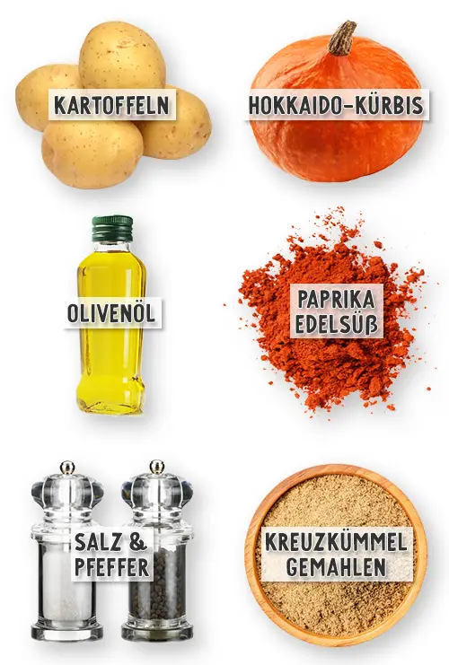 Beschriftete Zutaten auf weißem Hintergrund: Kartoffeln, Hokkaidokürbis, Olivenöl, Paprikapulver, Salz und Pfeffer, gemahlener Kreuzkümmel.