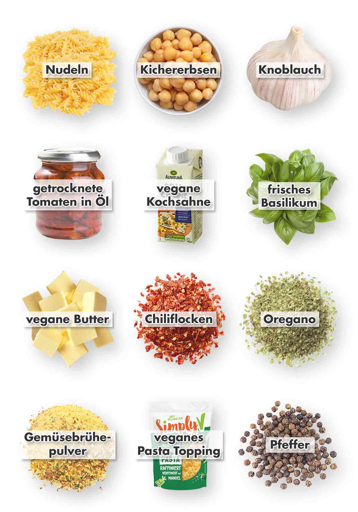 Nudeln, Kichererbsen, Knoblauch, getrocknete Tomaten in Öl, vegane Kochsahne, frisches Basilikum, vegane Butter, Chiliflocken, Oregano, Gemüsebrühe Pulver, veganes Pasta Topping, Pfeffer Zutaten für vegane Marry Me Chickpeas Pasta