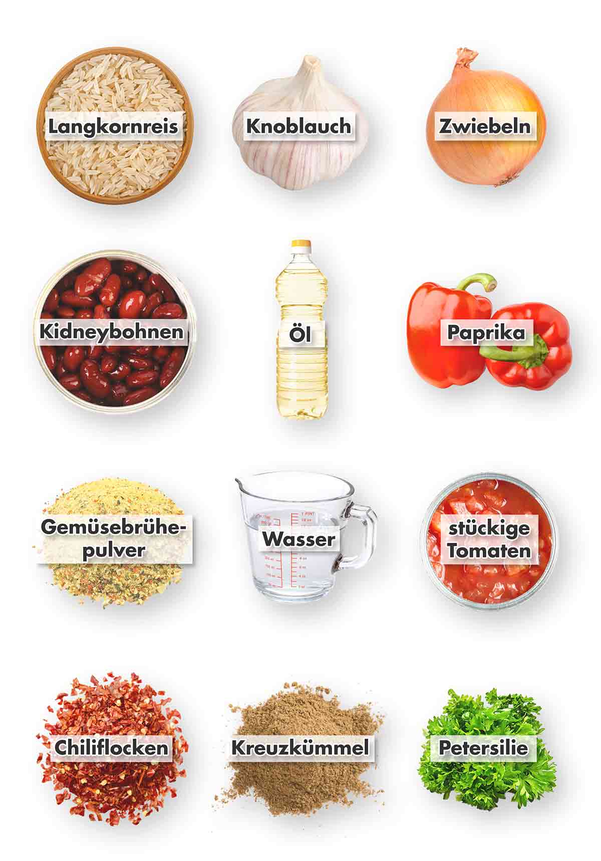 Langkornreis, Knoblauch, Zwiebeln, Kidneybohnen, Öl, Paprika, Gemüsebrühe Pulver, Wasser, Tomatenstücke, Chiliflocken, Kreuzkümmel, Petersilie Zutaten für Reis mit Bohnen