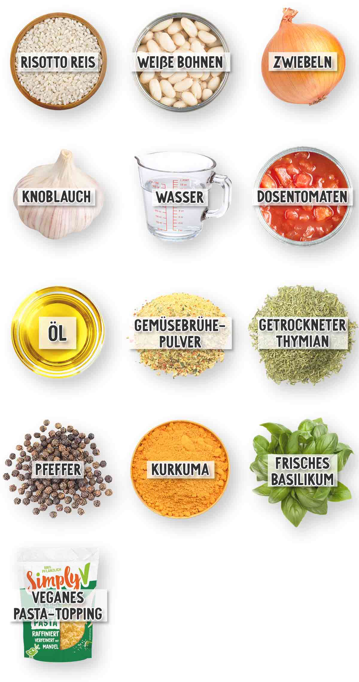 Zutaten für einen veganen Reiseintopf: Risottoreis, weiße Bohnen, Zwiebeln, Knoblauch, Wasser, Dosentomaten, Öl, Gemüsebrühepulver, getrockneter Thymian, Pfeffer, Kurkuma, frisches Basilikum und veganes Pasta-Topping.
