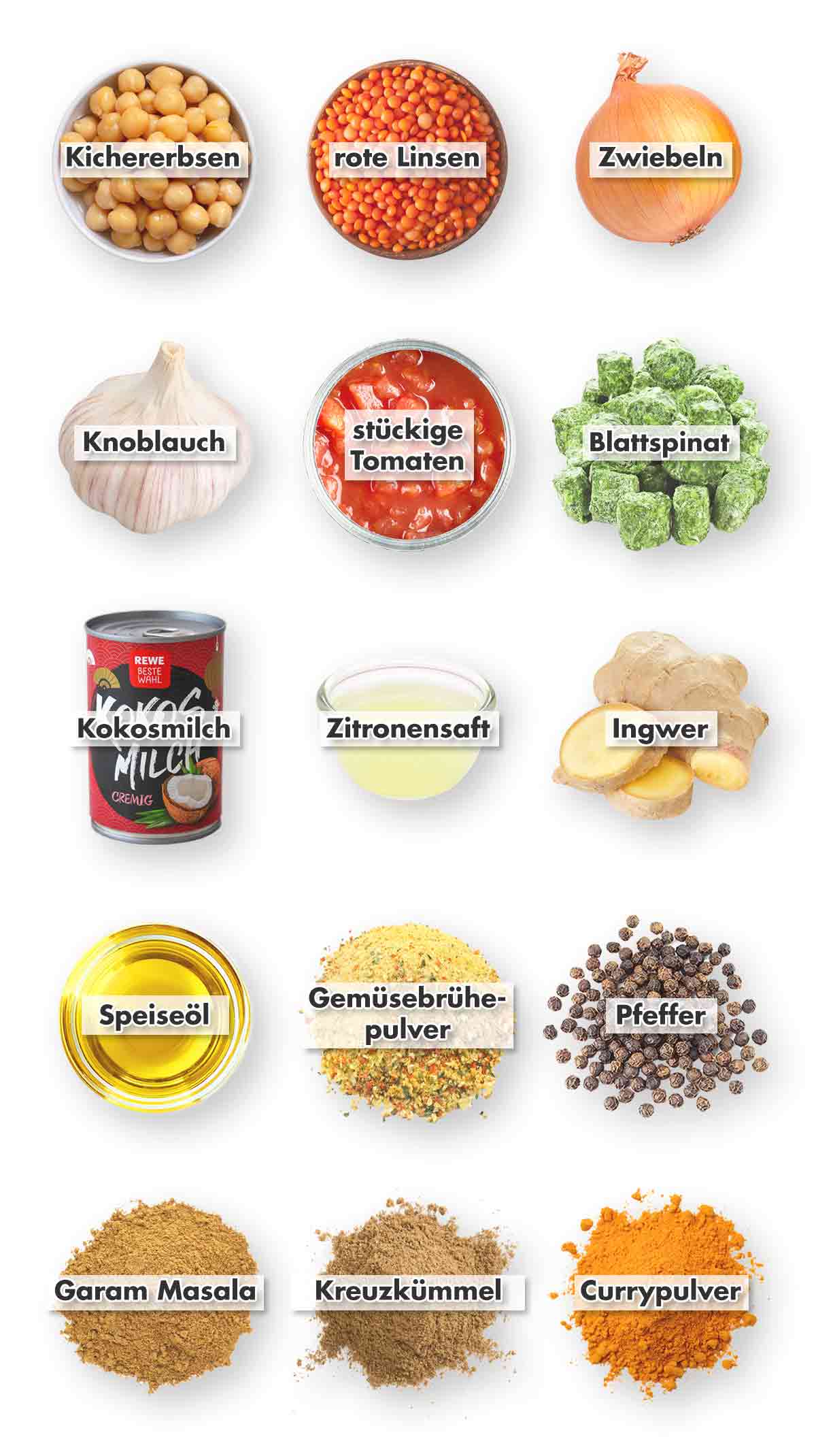 Kichererbsen, rote Linsen, Zwiebel, Knoblauch, Tomatenstücke aus der Dose, TK Blattspinat, Kokosmilch, Zitronensaft, Ingwer, Speiseöl, Gemüsebrühe Pulver, Pfeffer, Garam Masala, Kreuzkümmel, Currypulver Zutaten für veganes Kichererbsen Curry mit roten Linsen und Spinat