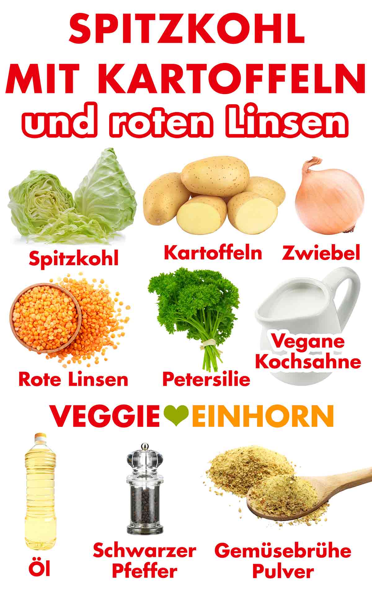 Spitzkohl, Kartoffeln, Zwiebel, rote Linsen, Petersilie, vegane Sahne zum Kochen, Öl, schwarzer Pfeffer, Gemüsebrühe Pulver Zutaten für veganen Eintopf mit Spitzkohl, Kartoffeln und roten Linsen