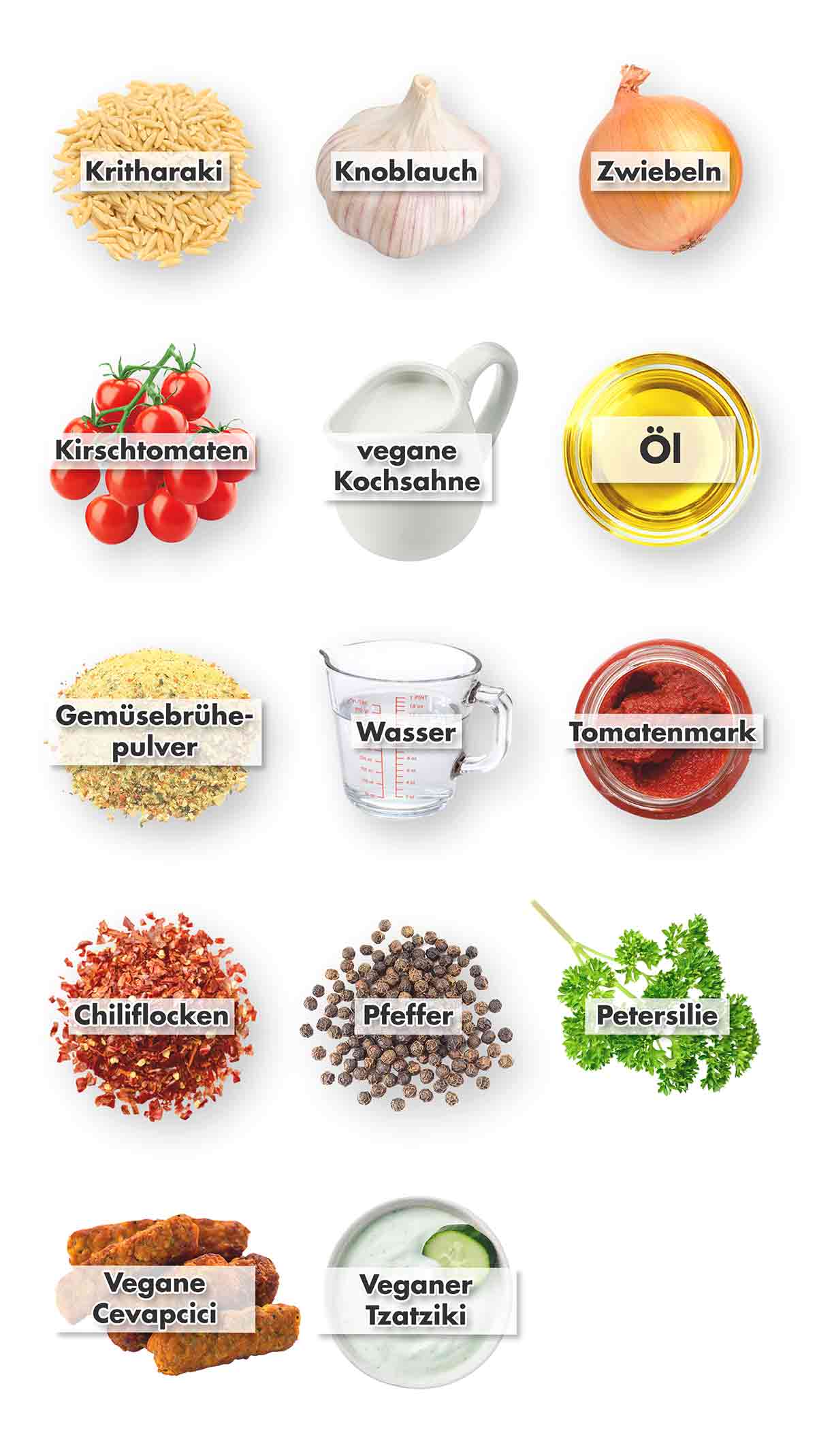 Kritharaki, Knoblauch, Zwiebeln, Kirschtomaten, vegane Kochsahne (Cuisine), Öl, Gemüsebrühe Pulver, Wasser, Tomatenmark, Chiliflocken, Pfeffer, Petersilie, vegane Cevapcici, veganer Tzatziki Zutaten für Tomaten Kritharaki mit veganen Cevapcici und veganem Tzatziki