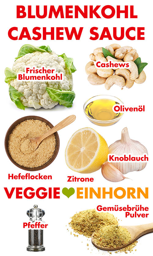 Frischer Blumenkohl, Cashewkerne, Olivenöl, Hefeflocken, Zitrone, Knoblauch, Pfeffer, veganes Gemüsebrühe Pulver Zutaten für vegane Blumenkohl Cashew Sauce