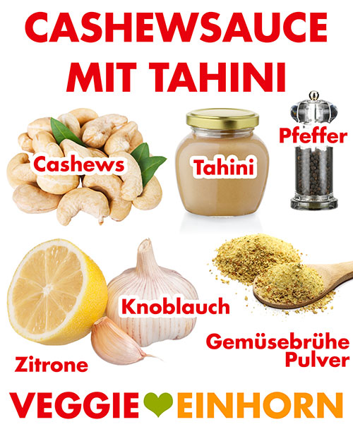 Cashewkerne, Tahini, Pfeffer, Zitrone, Knoblauch, veganes Gemüsebrühe Pulver Zutaten für vegane Cashewsauce mit Tahini