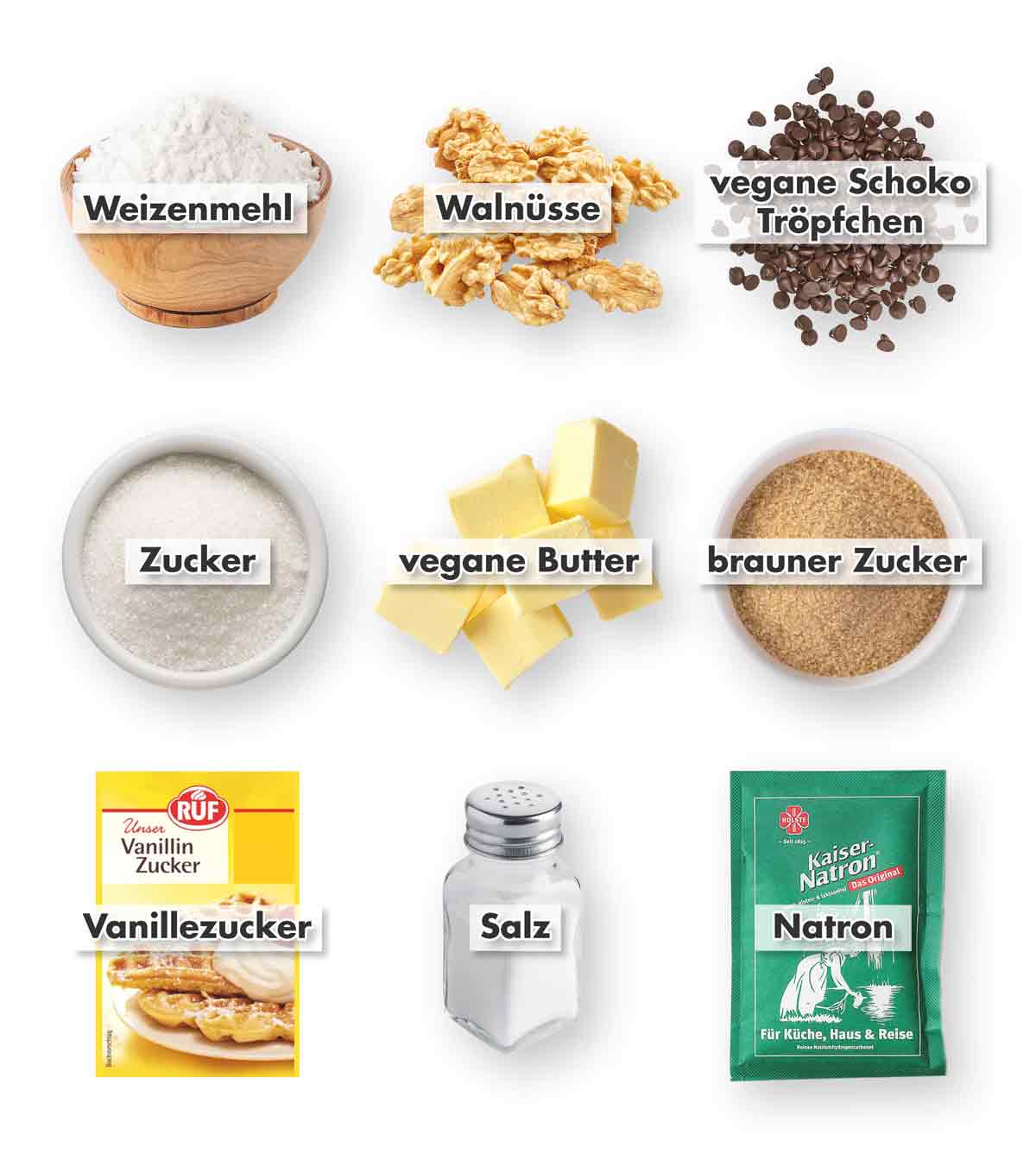 Weizenmehl, Walnüsse, vegane Schokotröpfchen, Zucker, vegane Butter, brauner Zucker, Vanillezucker, Salz, Natron Zutaten für vegane Chocolate Chip Cookies mit Walnüssen