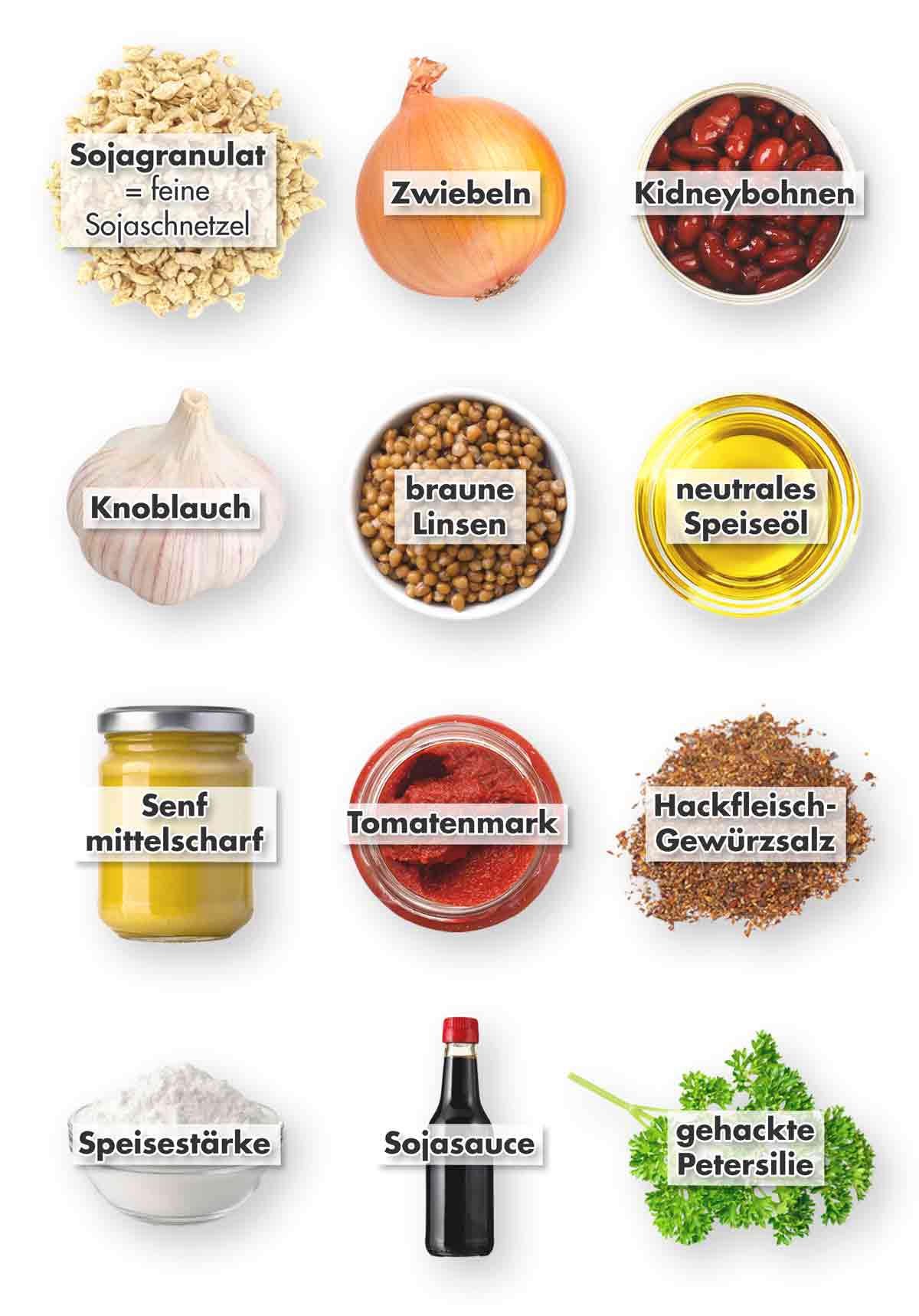 Sojagranulat (= feine Sojaschnetzel), Zwiebeln, Kidneybohnen, Knoblauch, Linsen, Öl, Senf, Tomatenmark, Hackfleischgewürz, Speisestärke, Sojasauce, Petersilie Zutaten für vegane Frikadellen aus Kidneybohnen, feinen Sojaschnetzeln und Linsen