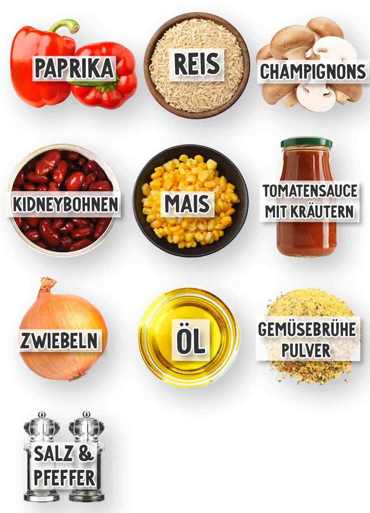 Übersicht der Zutaten für vegane gefüllte Paprika: rote Paprika, Reis, Champignons, Kidneybohnen, Mais, Tomatensauce mit Kräutern, Zwiebeln, Öl, Gemüsebrühepulver sowie Salz und Pfeffer. Die Zutaten sind mit Beschriftungen versehen und auf weißem Hintergrund angeordnet.