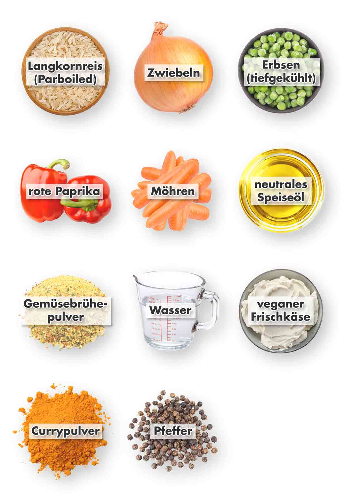 Langkornreis parboiled, Zwiebeln, TK Erbsen, rote Paprika, Möhren, Öl, Gemüsebrühe Pulver, Wasser, veganer Frischkäse, Currypulver, schwarzer Pfeffer Zutaten für vegane Gemüsepfanne mit Reis und Frischkäse
