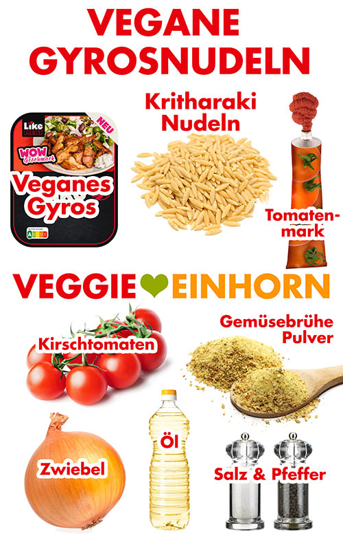 Veganes Gyrosfleisch, Kritharaki Nudeln, Tomatenmark, Kirschtomaten, Gemüsebrühe Pulver, Zwiebel, Bratöl, Salz, Pfeffer Zutaten für vegane Gyrosnudeln