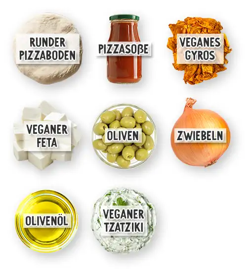 Zutaten für vegane Gyrospizza in der Übersicht: Runder Pizzaboden, Pizzasoße, veganes Gyros, veganer Feta, Oliven, Zwiebeln, Olivenöl, veganer Tzatziki.