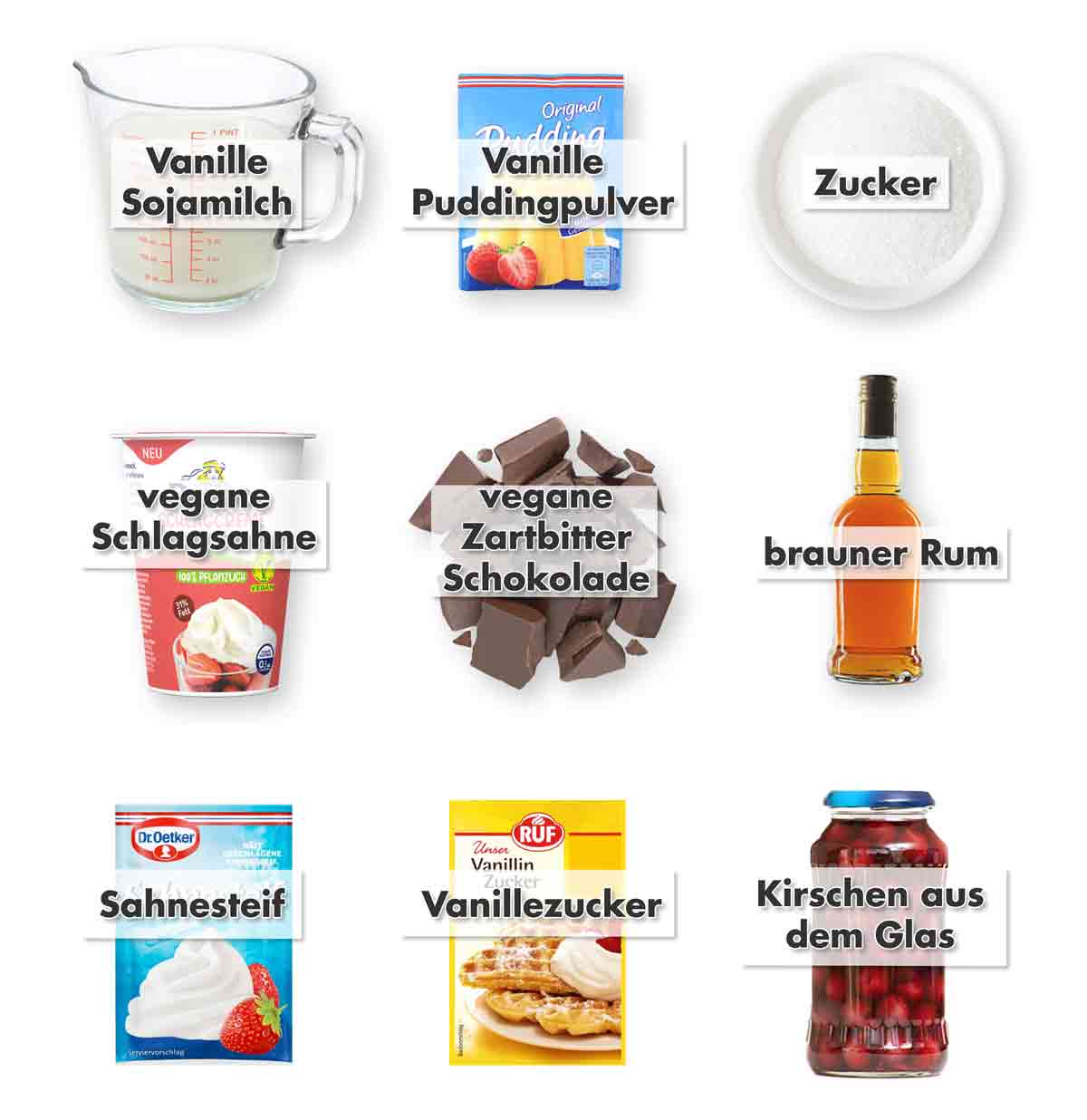 Vanille-Sojamilch, Vanillepuddingpulver, Zucker, vegane Schlagsahne, vegane Zartbitterschokolade, brauner Rum, Sahnesteif, Vanillezucker, ein Glas Kirschen Zutaten für vegane Herrencreme mit Kirschen