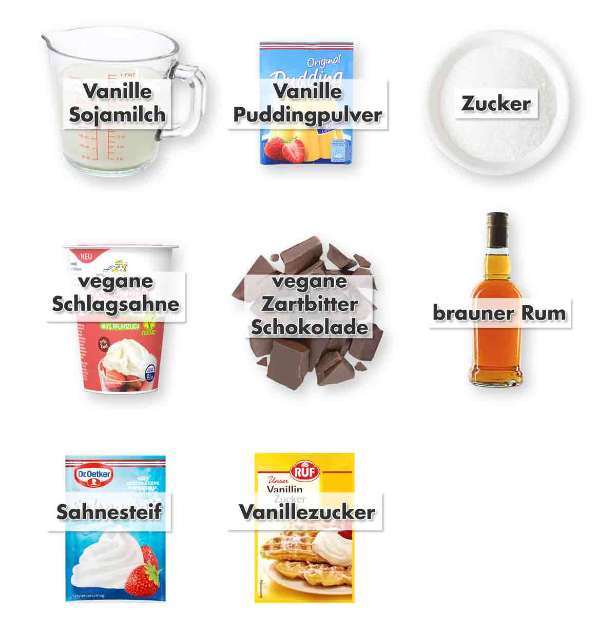 Vanille-Sojamilch, Vanillepuddingpulver, Zucker, vegane Schlagsahne, vegane Zartbitterschokolade, brauner Rum, Sahnesteif, Vanillezucker Zutaten für vegane Herrencreme