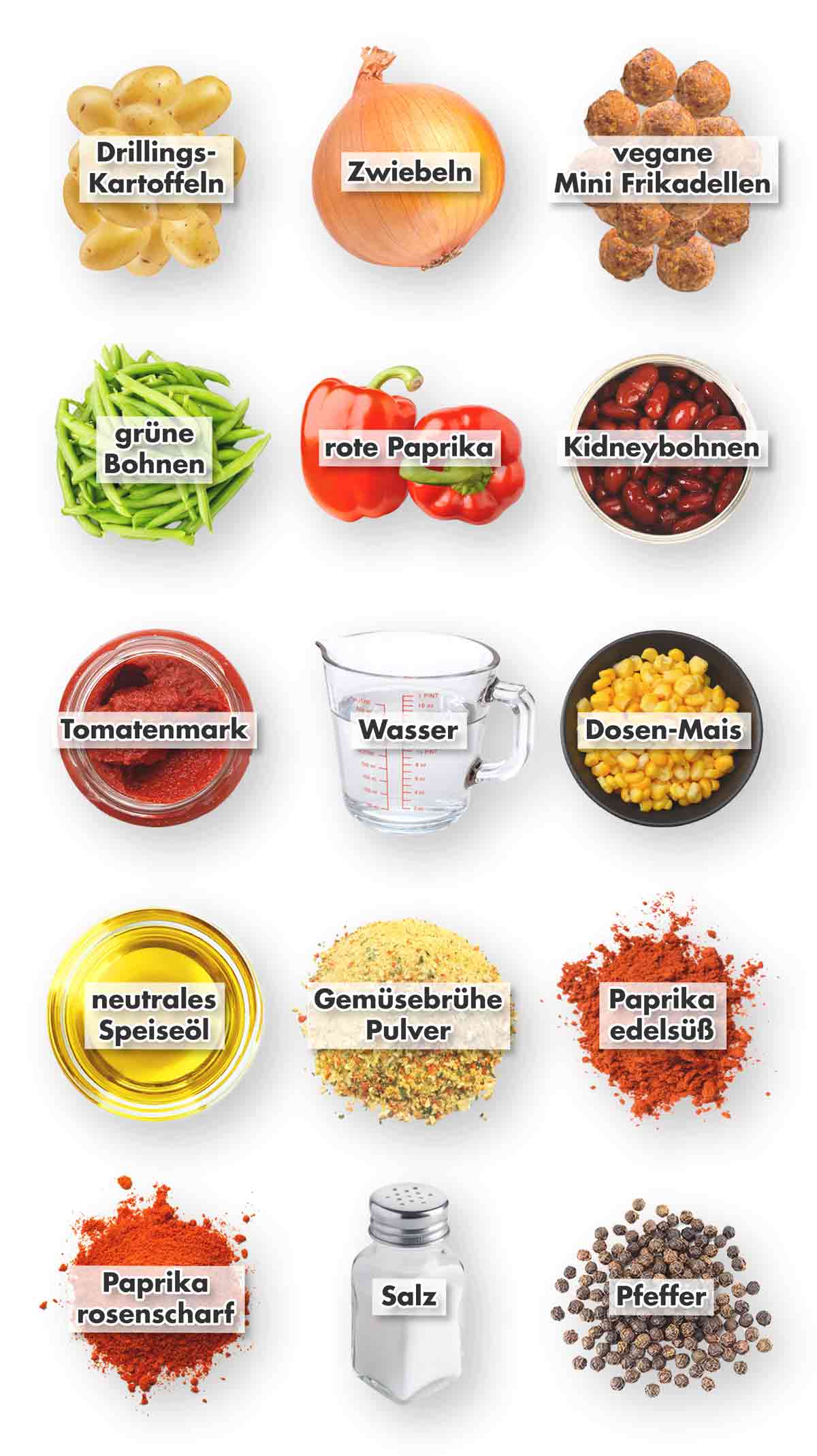 Drillingskartoffeln, Zwiebeln, vegane Mini-Frikadellen, grüne Bohnen, rote Paprika, Kidneybohnen, Tomatenmark, Wasser, Mais, Öl, Gemüsebrühe Pulver, Paprika edelsüß, Paprika rosenscharf, Salz, Pfeffer Zutaten für vegane Kartoffel Frikadellen Pfanne